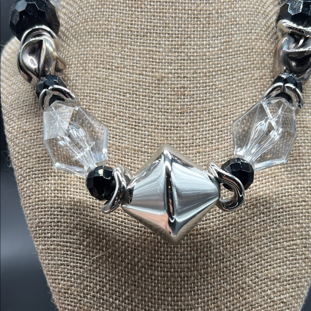 Black & Clear Geometric Statement Necklace | Silv… - image 4